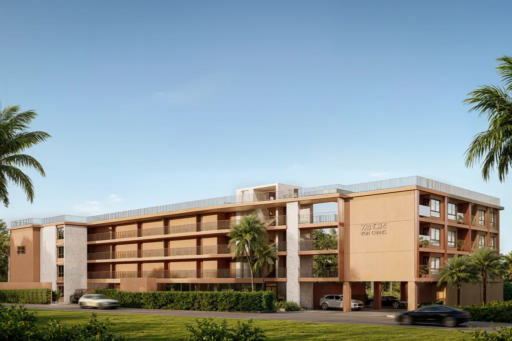 Render of the condominium building from the road