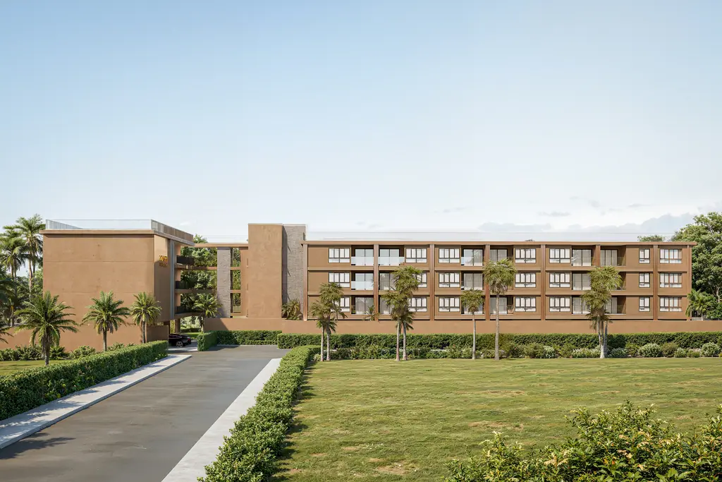 Render of the approach road and building