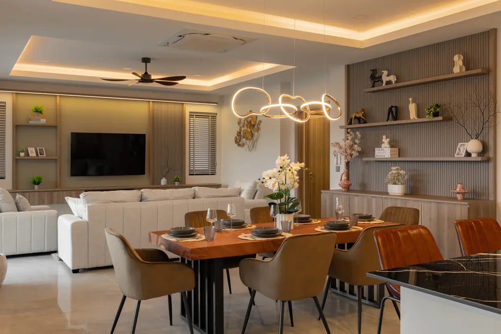 Open plan living and dining area at the show villa