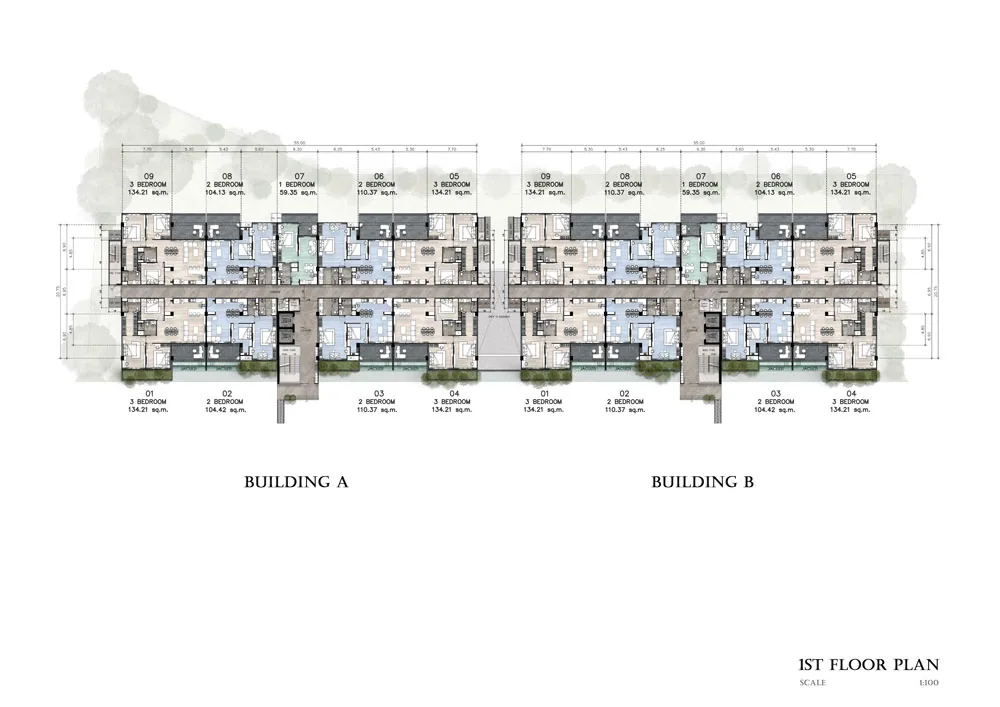Zensiri Residences Jomtien, 1st floor plan, Buildings A and B