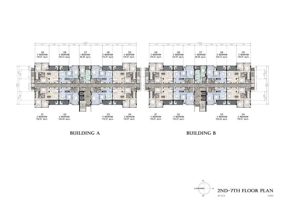 Zensiri Residences Jomtien, 2nd to 7th floor plan, Buildings A and B